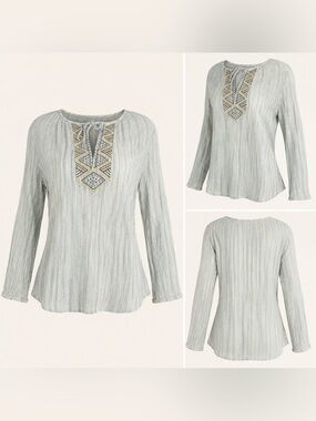 J. Jill Women’s Small Sage Green Embroidered Crinkle Peasant Tunic Top Boho